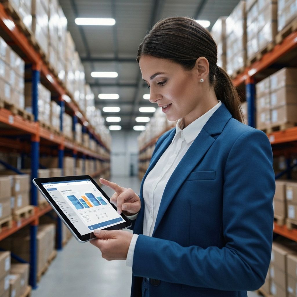 Profissional de negócios usando tablet em armazém